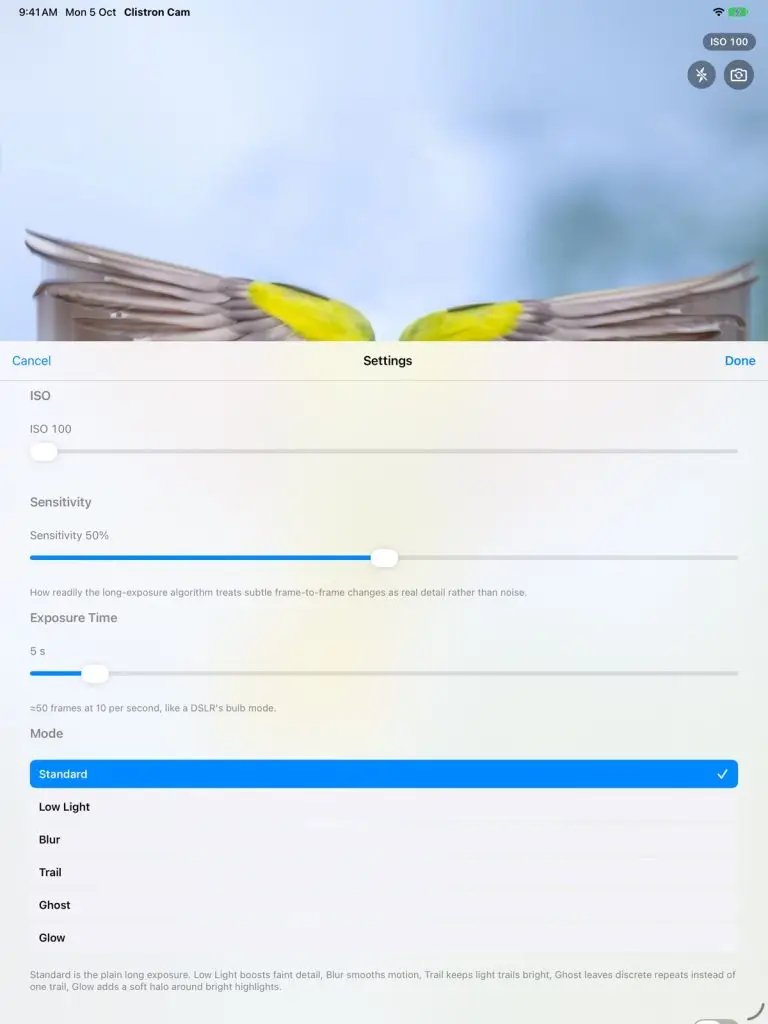 Clistron Cam on iPad – settings screen