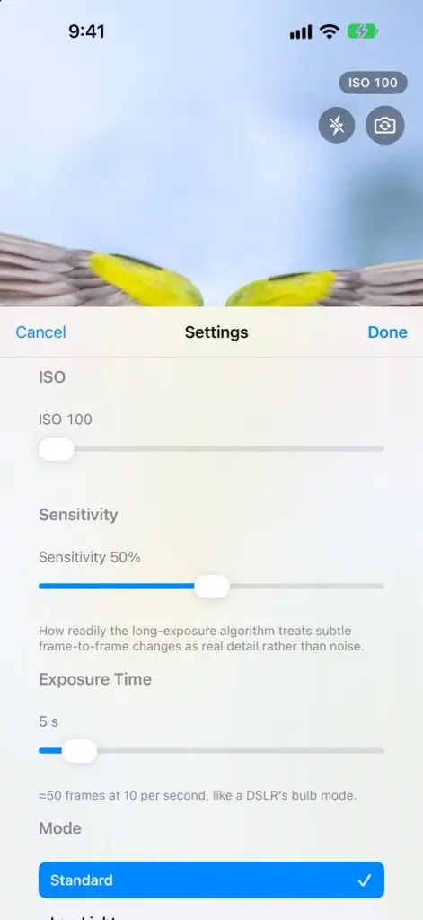 Clistron Cam settings panel showing ISO, Sensitivity, Exposure Time, Mode and Resolution