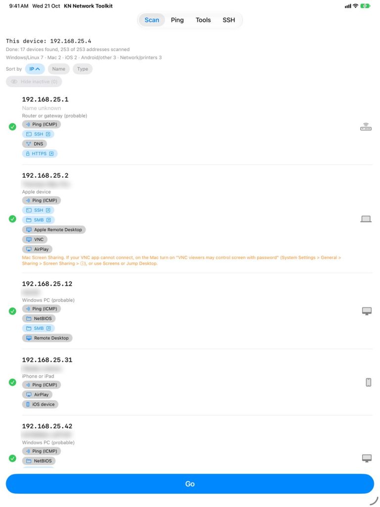 KN Network Toolkit on iPad – network scan