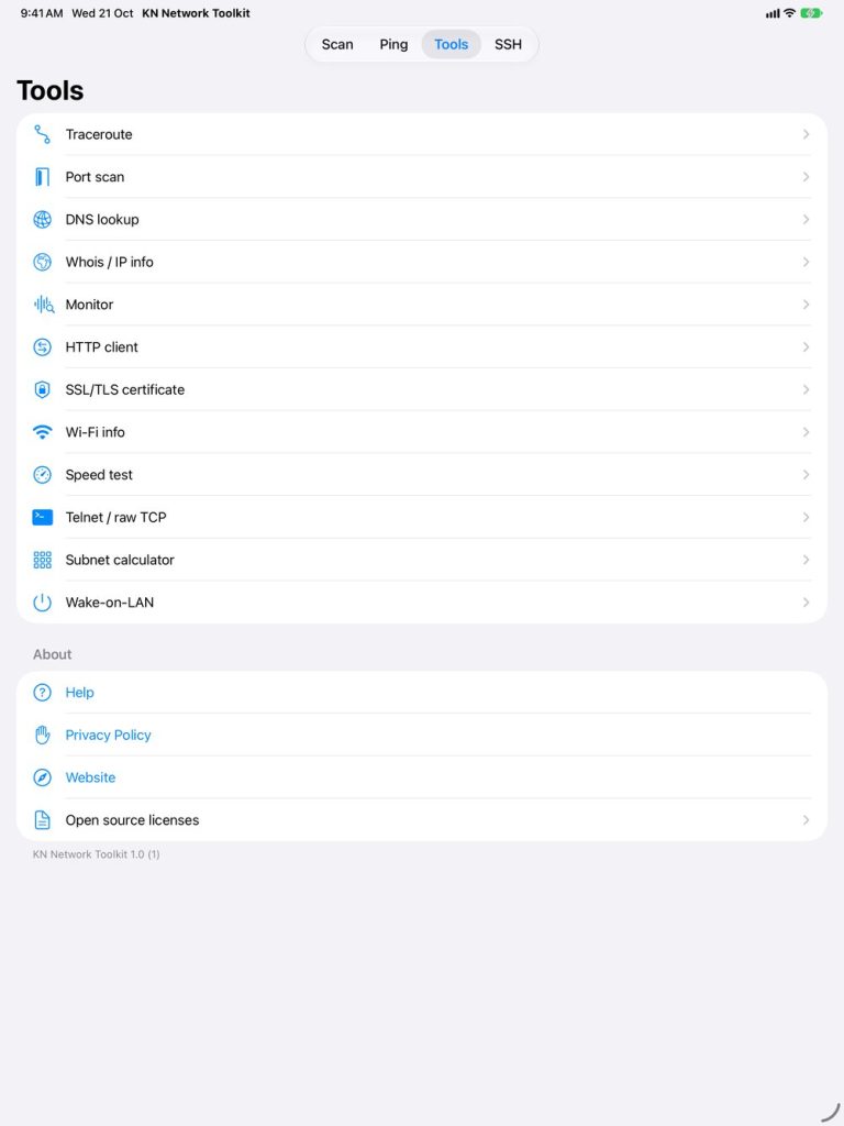 KN Network Toolkit on iPad – tools