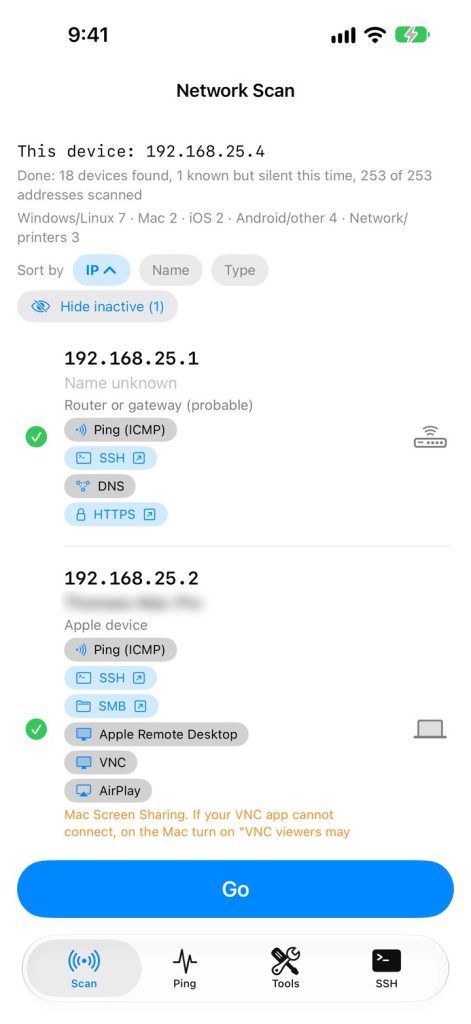 KN Network Toolkit on iPhone – network scan