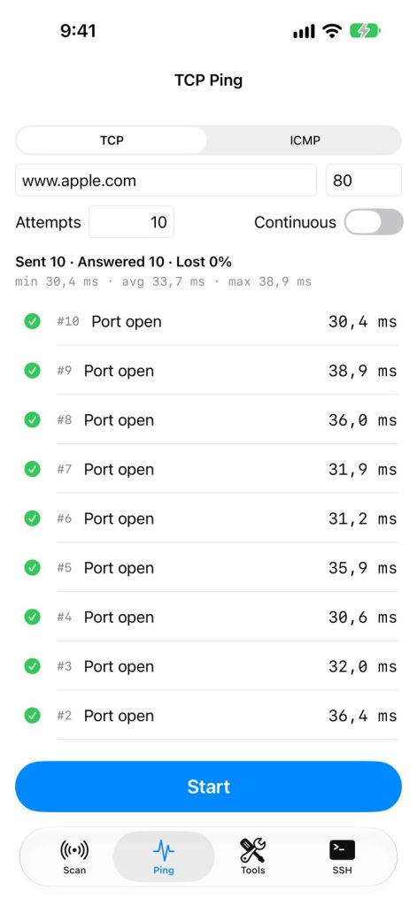 KN Network Toolkit on iPhone – ping